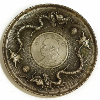 

Feng Shui talisman antique miscellaneous collection of antique bronze Shuanglongxizhu silver dish