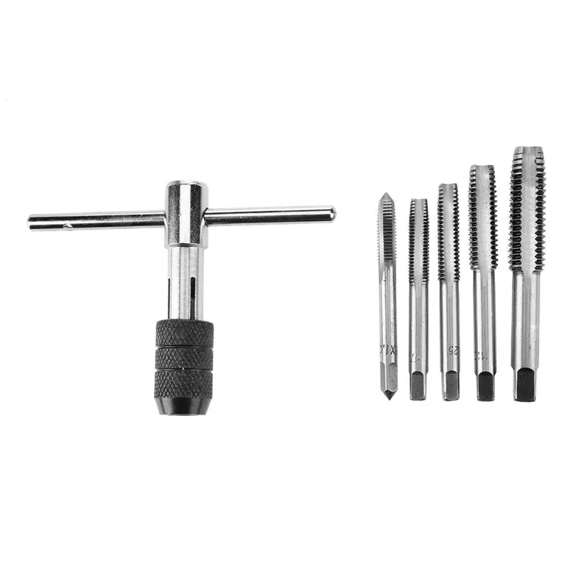 6pcs/Set T Type Machine Hand Screw Thread Taps Reamer M6/M7/M8/M10/M12 Tap Set fit Handle DIY Tool Accessories High Quality 