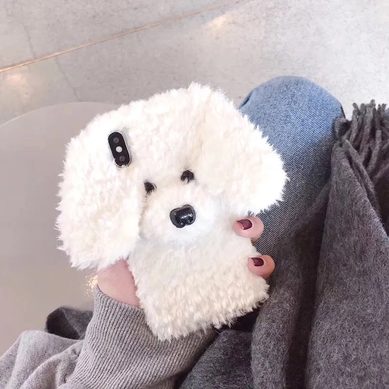 Totviss Case Cute white 3D dog Plush fur phone Case For iphone 6 6S 7 8 Plus X XR XS 11pro Max Winter Warm fur Soft TPU Cover - Цвет: 2