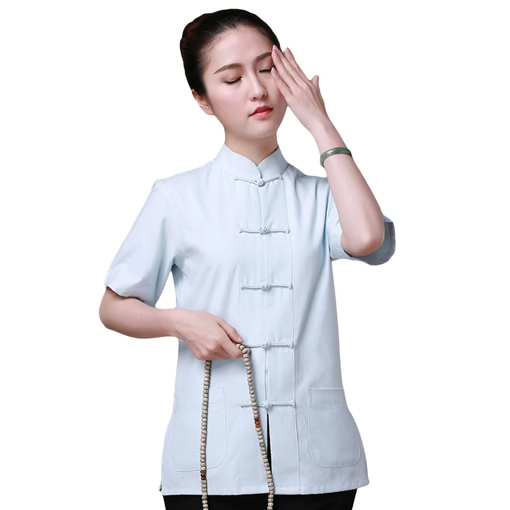 7 цветов Кунг-Фу рубашка с короткими рукавами Китайский традиционный хлопок Костюмы Тан костюм топ тайцзи ушу костюм для Для женщин - Цвет: Sky Blue