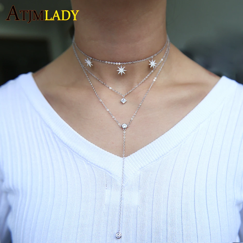 

New Collares Maxi Necklace Three Layer Micro Pave Cz Charm Choker Lariat Long Chain Sexy Ladies Fashion Design Star Necklace