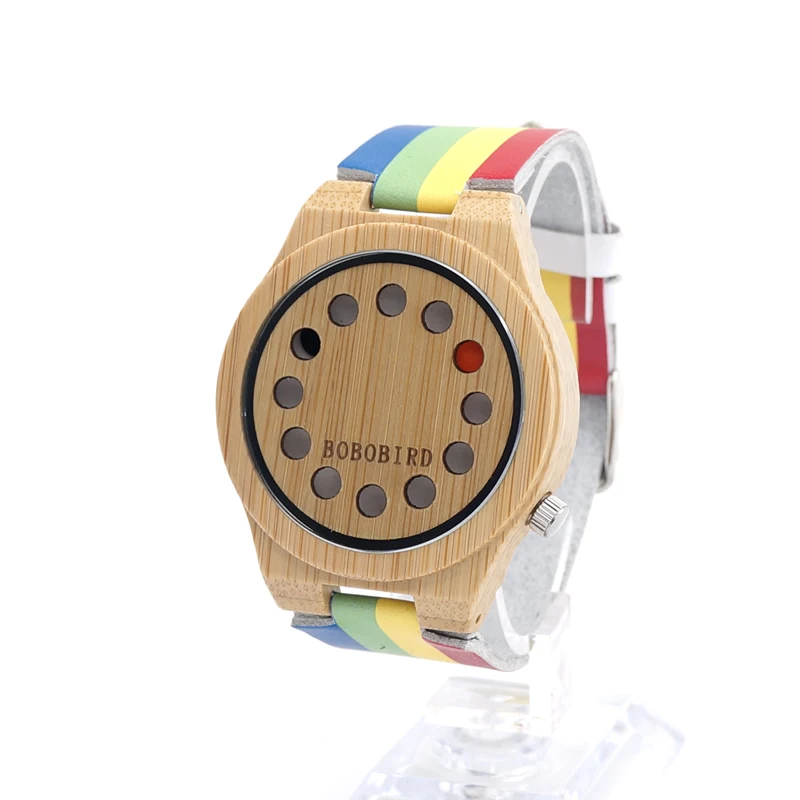BOBO BIRD LA01 Men Wooden Watch Colorful Leather Strap Quartz Bamboo Watches for Men with Gift Box Drop Shipping