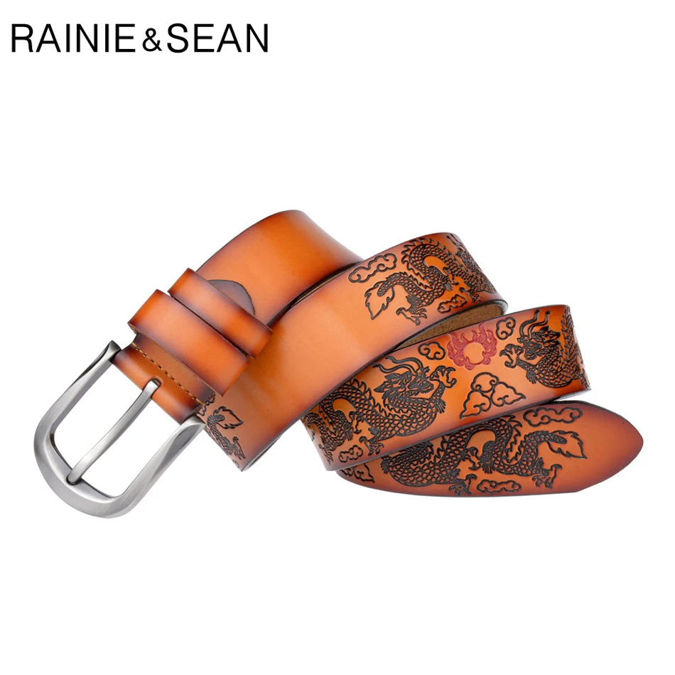 

RAINIE SEAN Men Belt Genuine Leather Pin Buckle Belts For Trousers Brand Orange Real Cow Leather Embossed Male Double Loop Belt