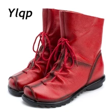 2017 Vintage Style Kulit Asli Wanita Boots Sepatu Booties Datar Sapi Lembut perempuan Depan Zip Ankle Boots zapatos mujer
