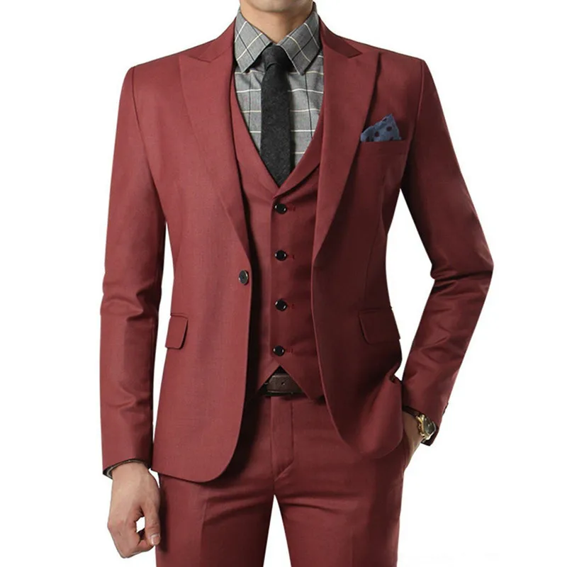 159 Wine Red Suit Custom Made Wedding Suits With Pants Mens Tuxedos Grooms Shawl Black Lapel One Button( Jacket+Pants+Vest)