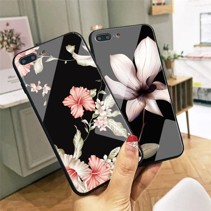 

Gradient Tempered Glass Flower Phone Case For iphone 6 6s Plus 7 8Plus Case For iphone X XS XR Femal Protective Shell
