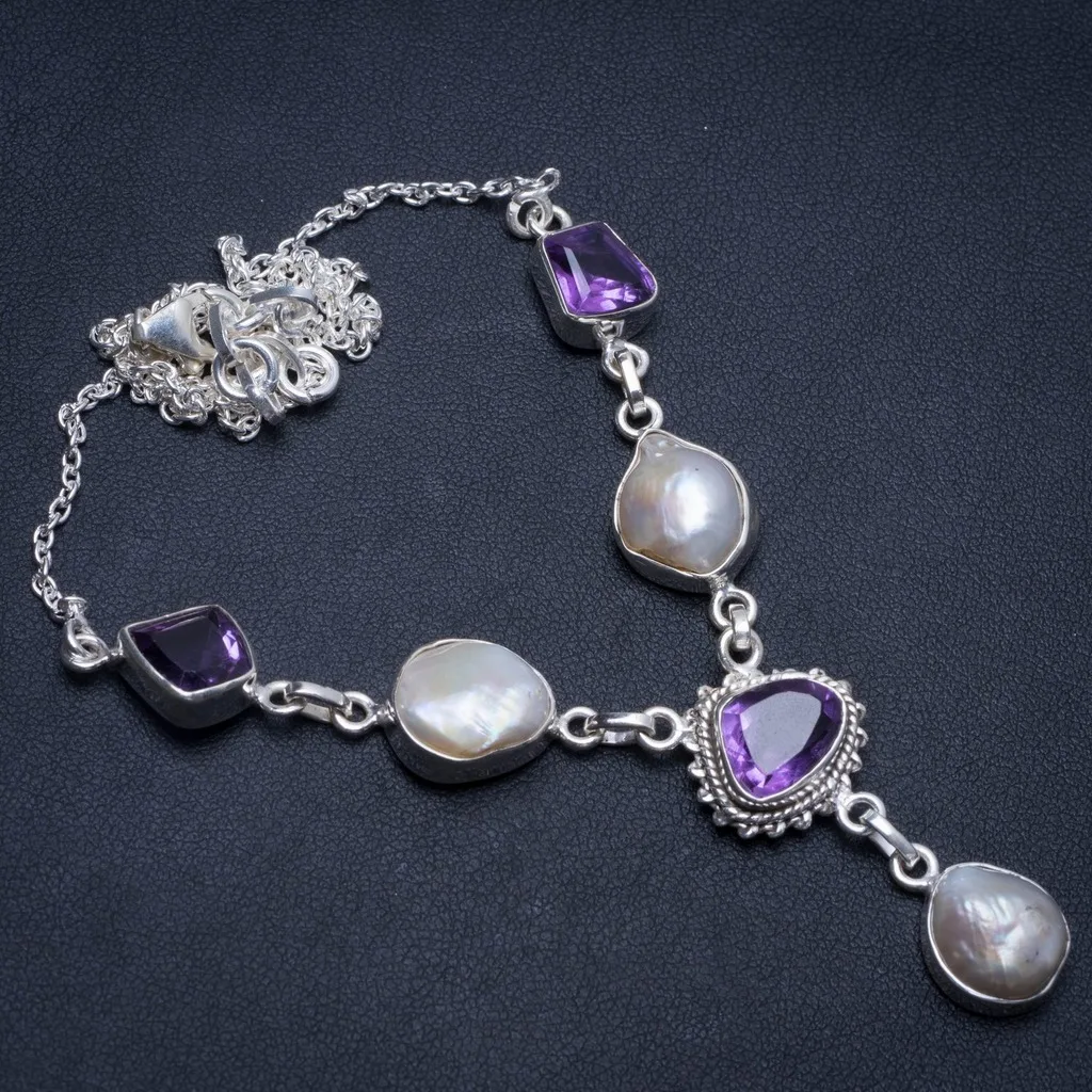 

Natural Biwa Pearl and Amethyst Handmade Mexican 925 Sterling Silver Y Necklace 17.5" T8571
