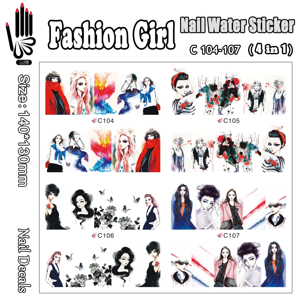 

4 Sheets/Lot Nail C104-107 Fashion Girl Nail Art Transfer Water Decal for Nail Art Decorations(4 DESIGNS IN 1)