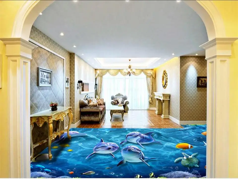 

3d flooring wallpaper custom photo living room mural blue sea world dolphin 3d photo painting PVC self-adhesive floor wallpaper