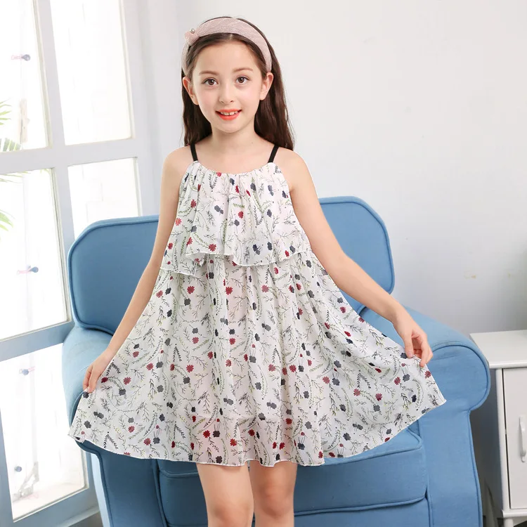 New Summer Girls Chiffon Dress Princess Girl Bohemian Beach Dresses Cute Toddler Kids Cotton Halter Sleeveless Dress Clothes