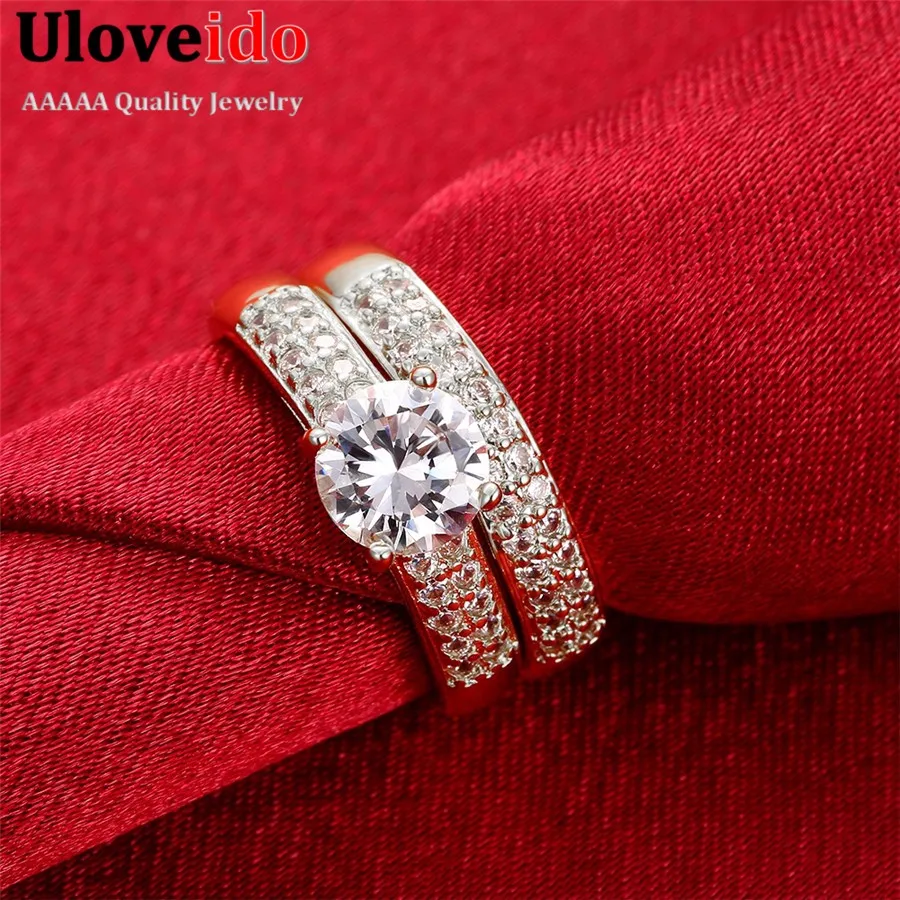 Uloveido Promise Engagement Double Rings For Couples Men Women Gold Color Pairs Wedding Ring Set for Men and Women 5% Off KR005