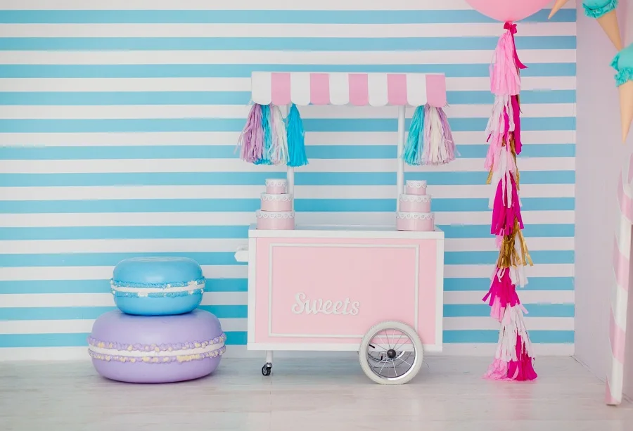 

Laeacco Ice Cream Booth Cake Baby Shop Birthday Party Stripes Ribbon Portrait Photo Background Photography Backdrop Photo Studio