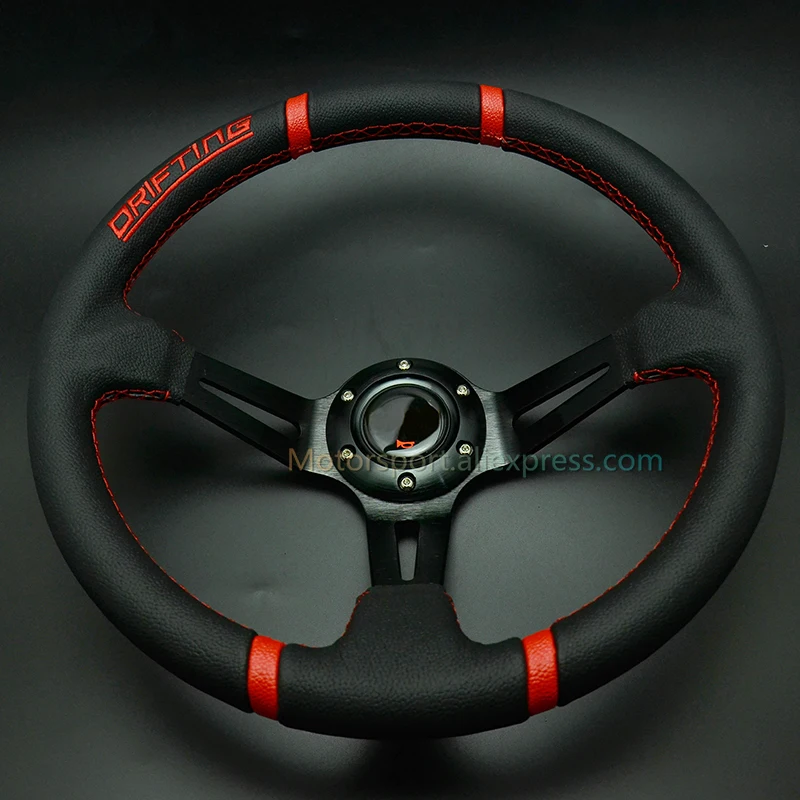 350mm Red Drifting Car Steering Wheel Universal 90mm Dish Red Stripe