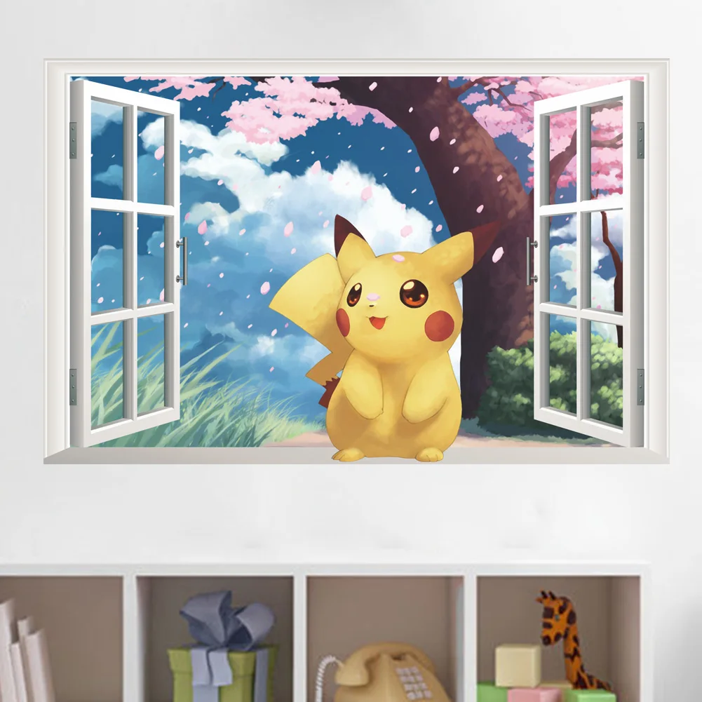 

Pokemon Go Kawaii Pikachu Character Under The Cherry Tree 3D Window Wall Decals Kids Art Stickers Mural Nursery Poster Decor
