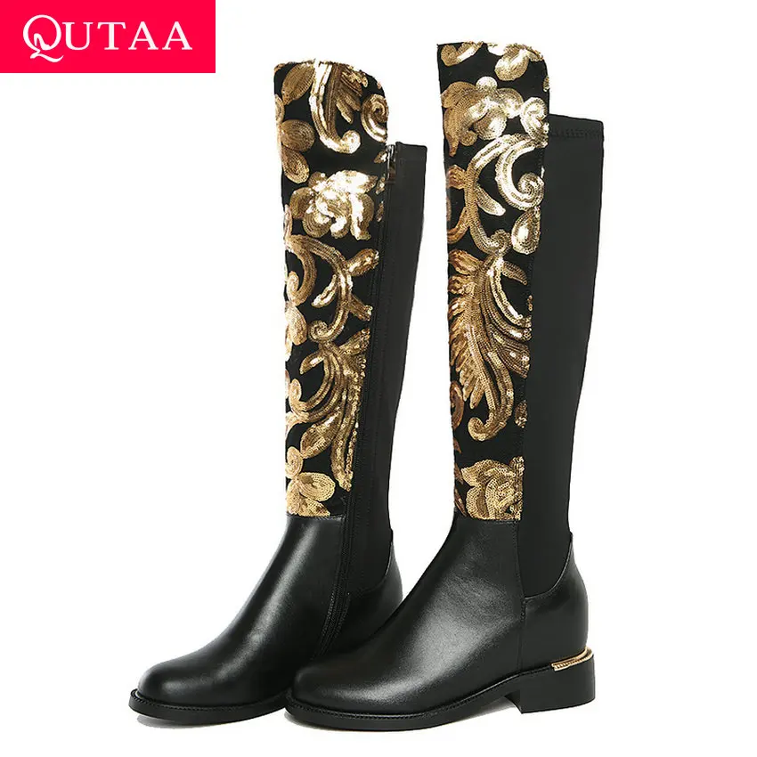 

QUTAA 2020 Women Casual Round Toe Knee High Boots Sequins Cow Leather Stretch Warm Fur Height Increasing Long Boots Size 34-42