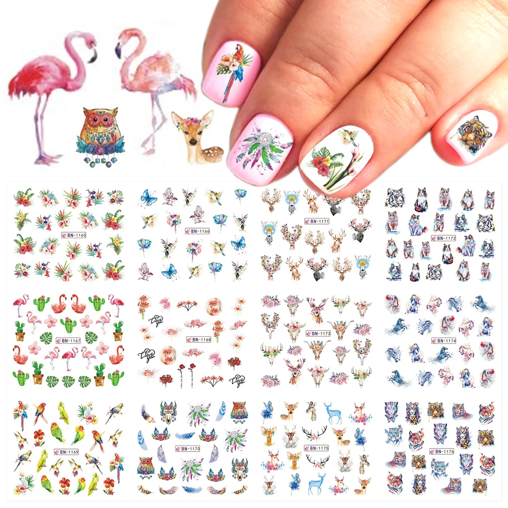 12 видов переводных наклеек с изображением животных фламинго, оленя, переводные наклейки для дизайна ногтей, слайдер для чернил, аксессуары для маникюра, полировка, фольга, CHBN1165-1176