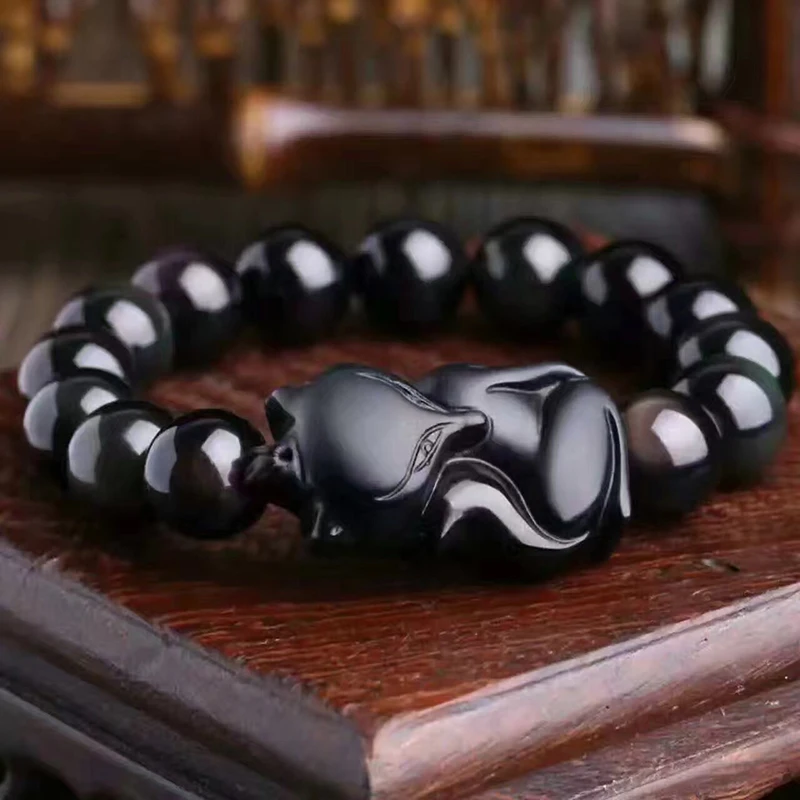 JoursNeige настоящий натуральный черный обсидиан камень браслеты 12 мм бусины с лисой Кристалл Lucky для мужчин женщин браслет ювелирные изделия