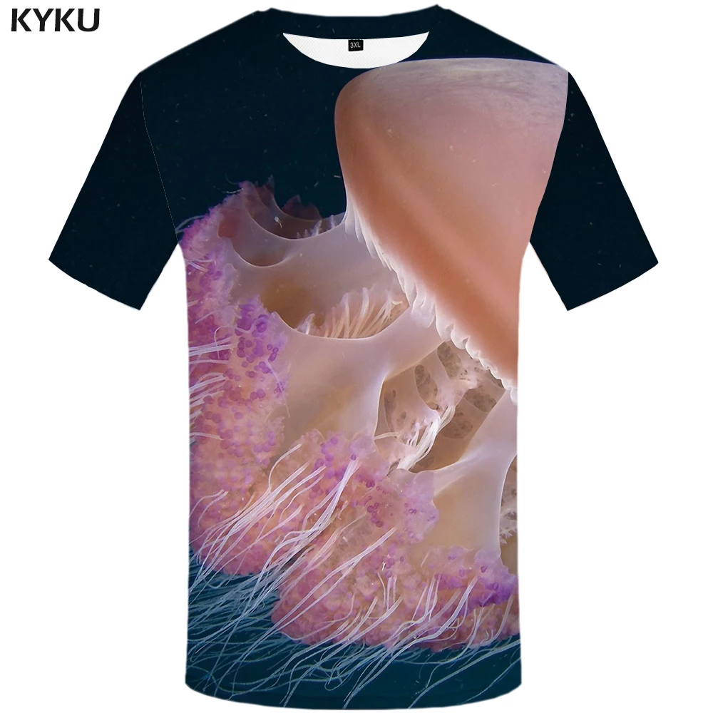 

KYKU Jellyfish Tshirt Men 3d T Shirt Harajuku Print T-shirt Punk Rock Funny T Shirts Anime Clothes Colorful Ocean Mens Clothing