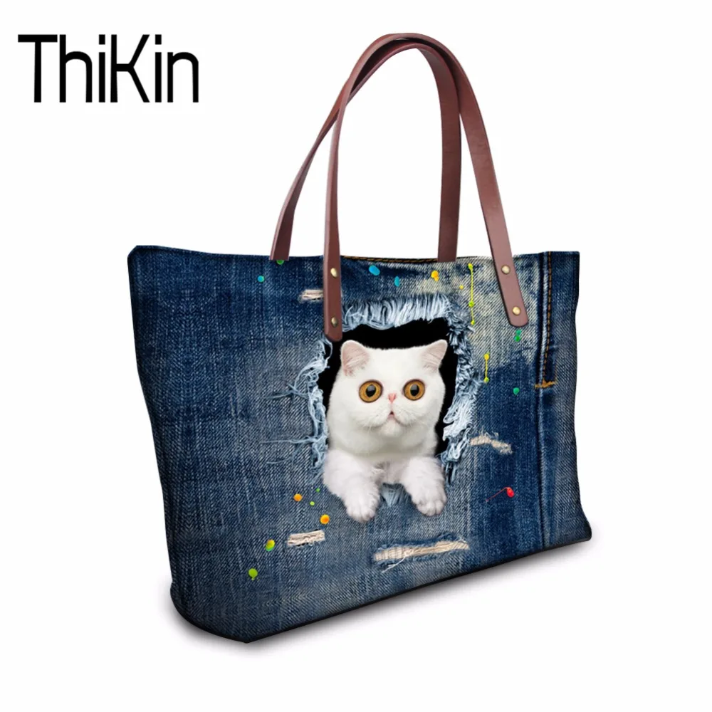 Thikin 3d كاوبوي القط الطباعة السيدات حقيبة لطيف الحيوان الأعلى مقبض حقائب للنساء عارضة الكتف أكياس التسوق حمل حقيبة