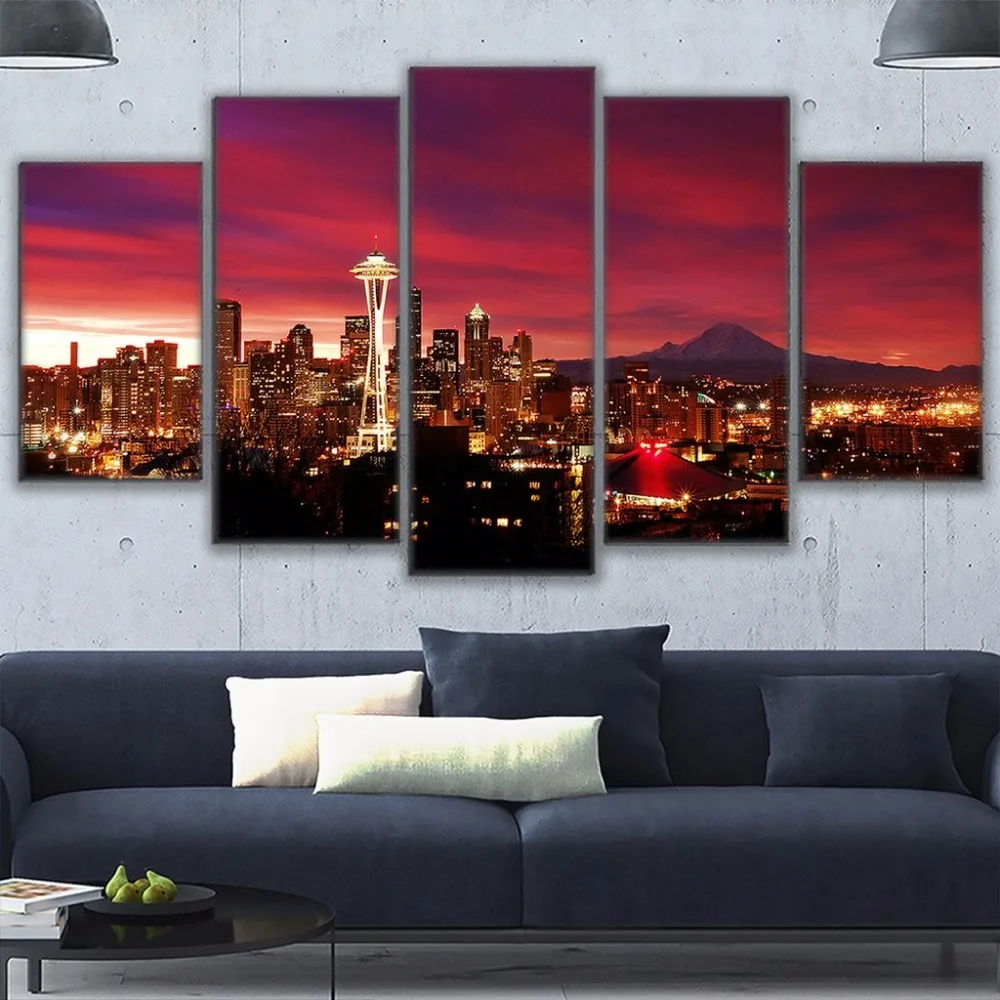 

Home Decor Canvas Prints Painting Modular Wall Art Tower Poster 5 Pieces Overhead Night Sky Seattle Cityscape Pictures Framework