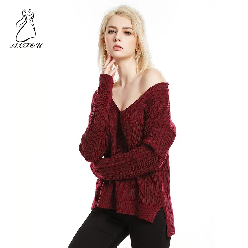 

2019 Autumn and winter new sexy large size loose women's sweater long-sleeved shirt sweater solid color V-neck twist sweater