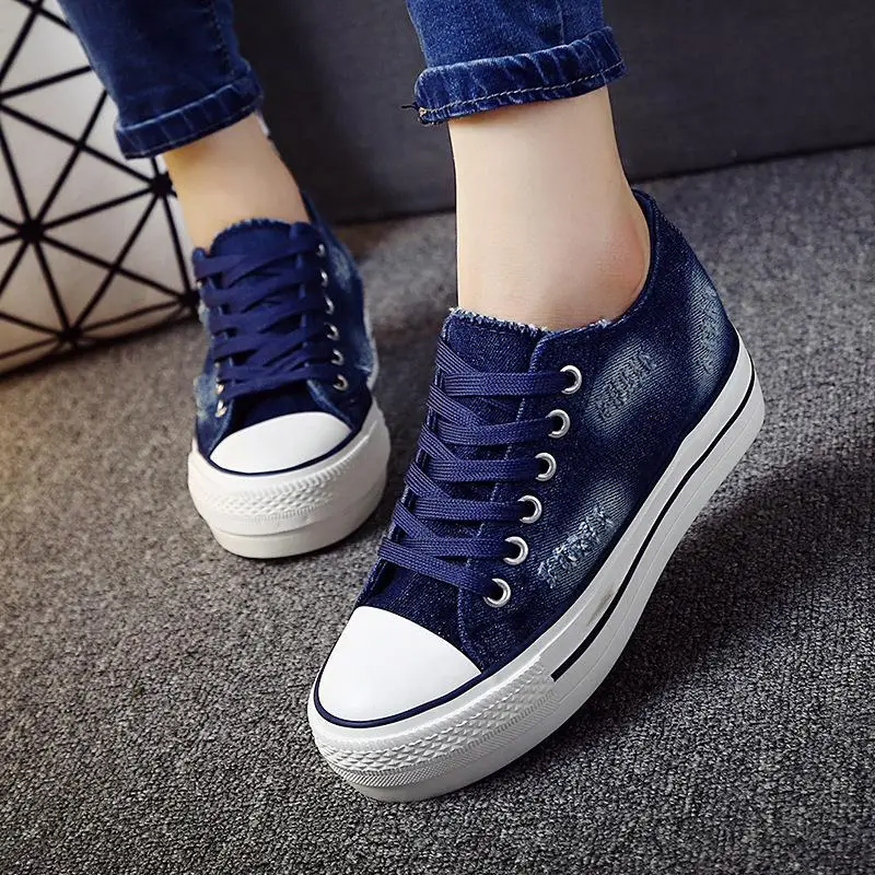 Semelle épaisse denim toile chaussures femme 2017 printemps nouveau confortable femmes chaussures de sport low cut