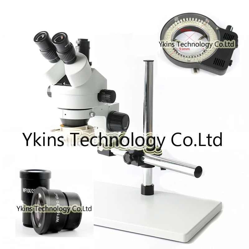 

New 7X 45X Focus Industrial Trinocular Stereo Microscope, Dual Arm Support + 56 LED Ring Light + Blue Solder Pad