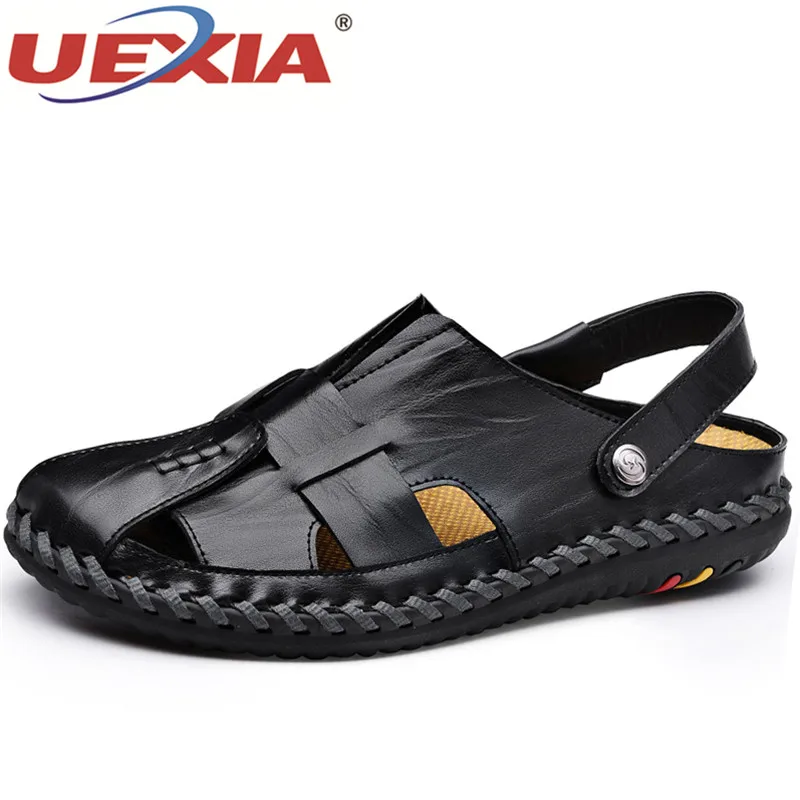 

UEXIA 2018 New Hard-Wearing Summer Men's Sandals High Quality Leather Mens Shoes Slippers Beach Walking Casual Shoes Sandalias