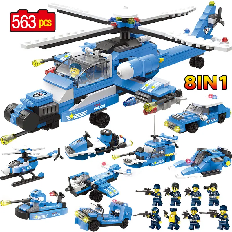 City SWAT Car Boat Helicopter Vehicle Police Figures Building Blocks Bricks boys Toys Compatible with Legoed City Police 8 in 1