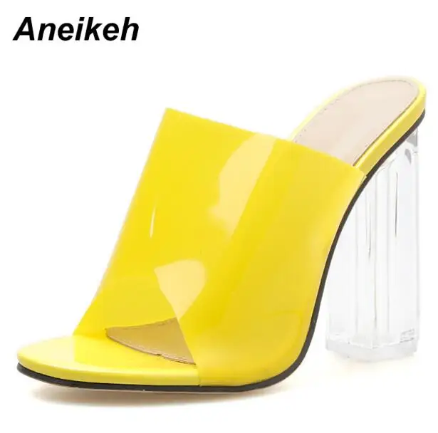 Aneikeh/ г.; выразительные тапочки из искусственной кожи на высоком квадратном каблуке; пикантные прозрачные женские туфли-лодочки с круглым носком; цвет желтый, фиолетовый; вечерние Size35-42 - Цвет: yellow