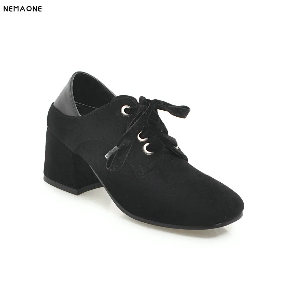 

2019 New flock lace up women pumps 6cm thick high heels shoes sqare toe casual shoes woman