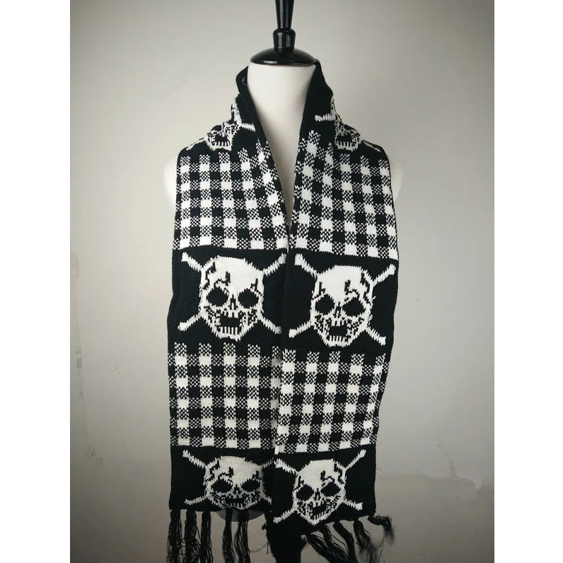 Итальянский стильный Зимний вязаный шарф унисекс с черепом для женщин и мужчин, акриловый шарф со скелетом, черный шарф с бахромой LL171011