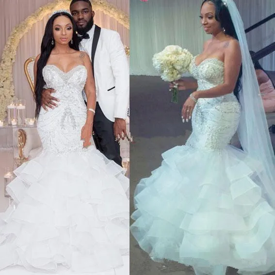 2021 Sexy Mermaid Wedding Dresses Sweetheart Crystal Pearls Beaded Embroidery Ruffled Layered Nigerian Bridal Gowns | Свадьбы и