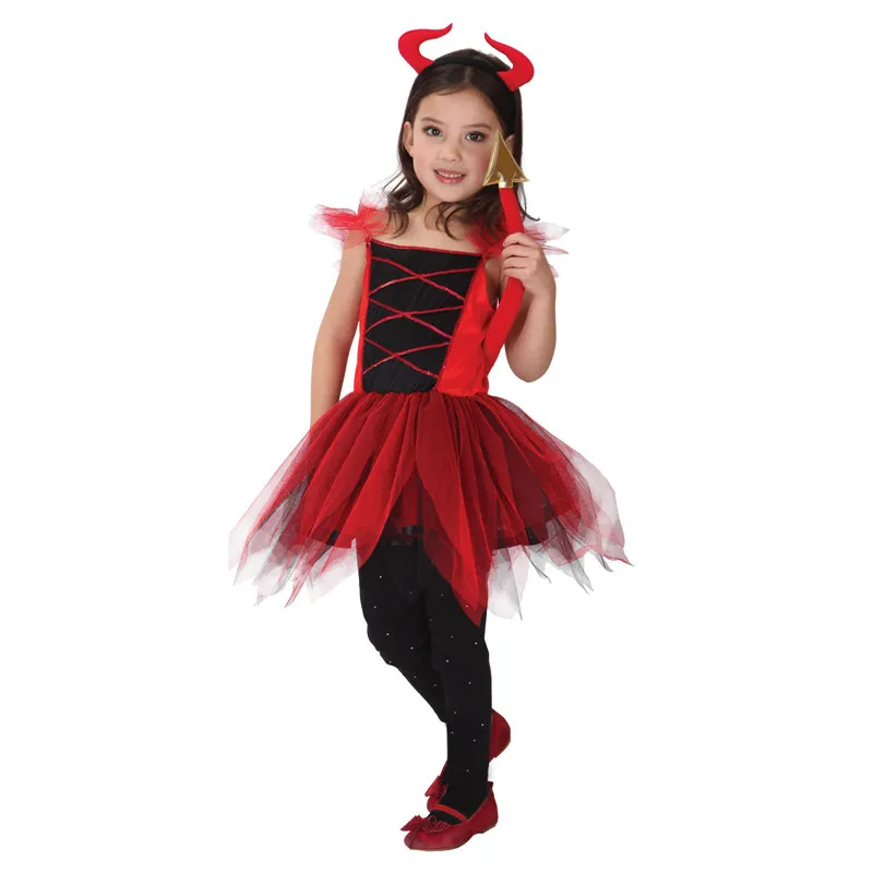 

Child Kids Girls Red Devil Demon Costume Short Mini Tutu Dress with Horn Tail Halloween Carnival Party Fancy Cosplay Costumes