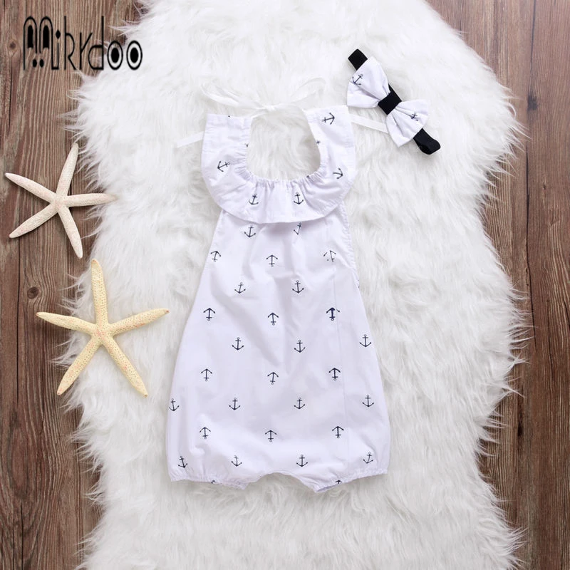 

Baby girl clothes kids strap bodysuit sleeveless infant coverall turn-down collar newborn Sailor suit bow headband stylish best