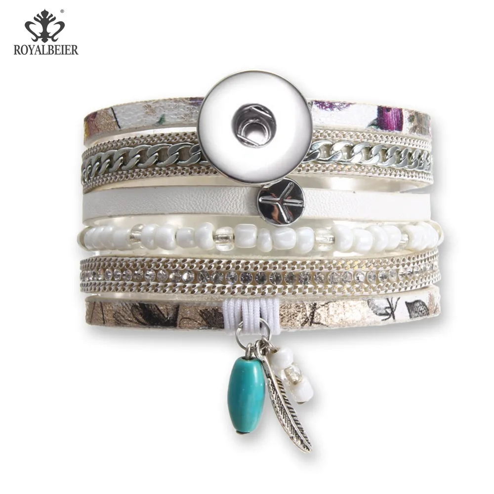 

ROYALBEIER New Unisex Multilayer Leather Snap Magnet Buckle Bracelet Fit 18mm Snap Button Pulsera For DIY Snap Jewelry SZ0582