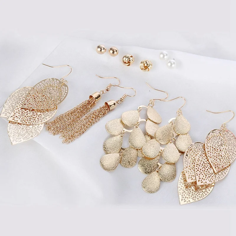 6 Pairs Vintage Leaves Long Tassel Earrings Set Simulated Pearl Stud For Women New Jewelry | Украшения и аксессуары