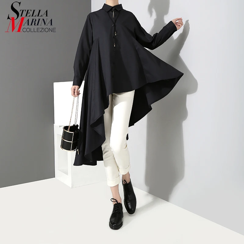 Meilleur 2019 Style coréen femmes solide noir été décontracté Blouse longue arrière Design Hipster Kawaii chemise féminine chemise femme 3808