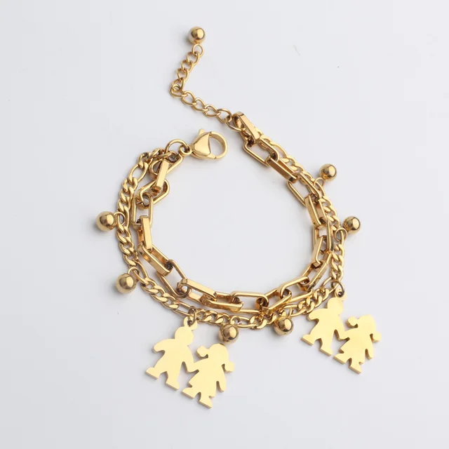 FINE4U B125 Stainless Steel Tree Owl Boy and Girl Charm Bracelet Double Layer Gold Figaro Chain