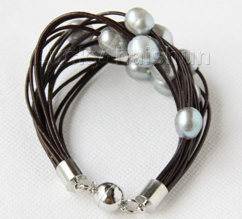 

Free Shipping >> 8" 13mm 15row gray pearls wine red leather bracelet j9658
