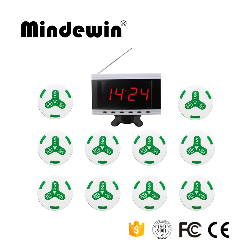

Mindewin 433MHz Restaurant Pager Wireless Calling System with 1pc Voice Report Receiver Host +10pcs White Call Button Pager