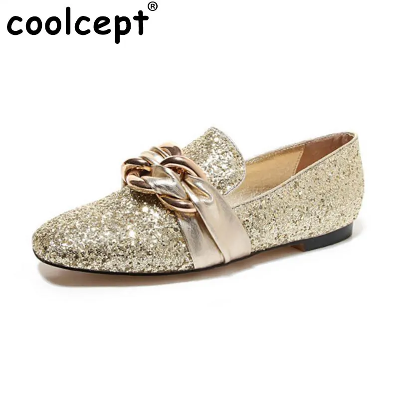 

Coolcept Size 32-42 Sexy Lady Real Leather Flats Shoes Women Metal Flat Shoe Party Office Lady Wedding Leisure Female Footwear