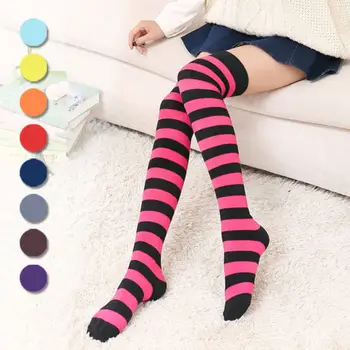 

Ladies Over Knee Socks Plain Striped High Thigh Long Womens Stripe Socks Girls
