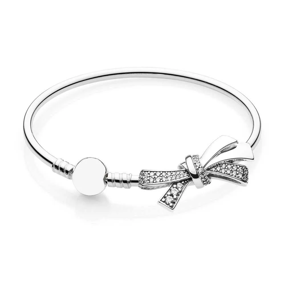 

2018 100% 925 Sterling Silver Brilliant Bow Bangle Gift Set Fit DIY Original Charm Bracelets jewelry A Set Of Prices