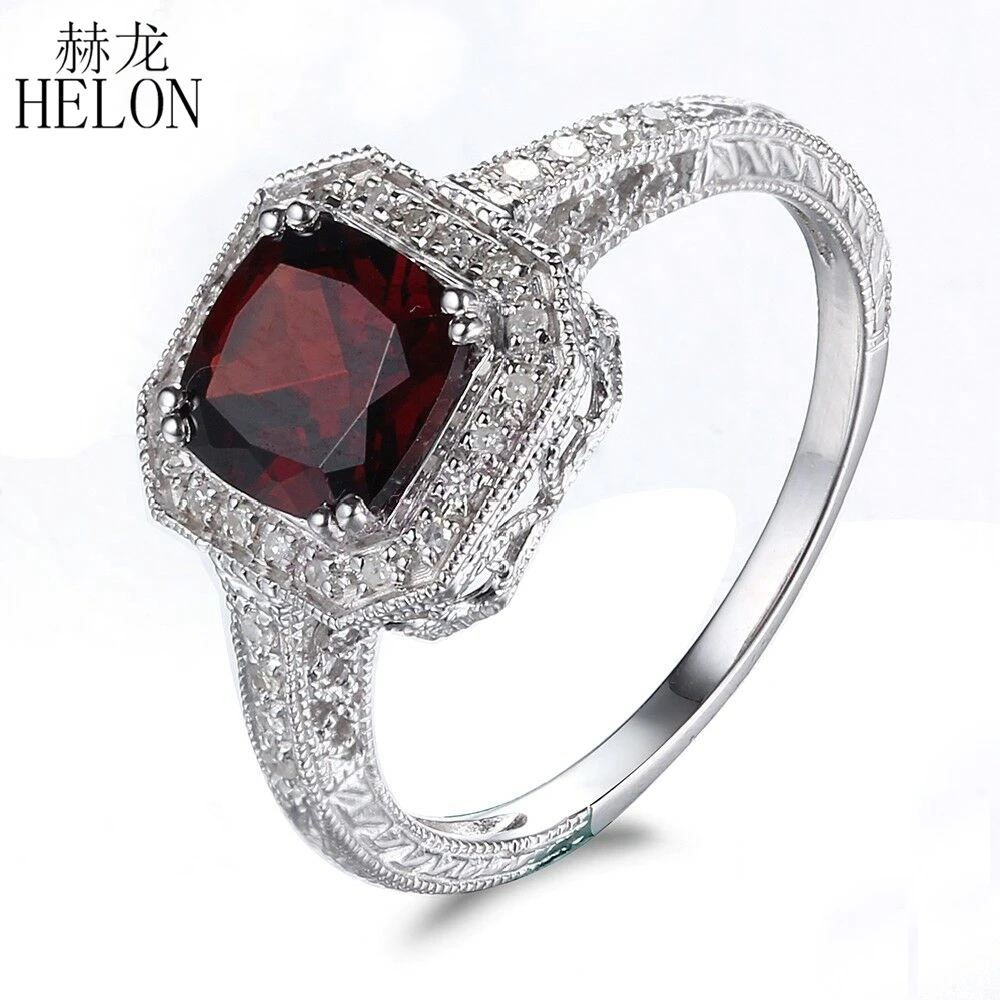 HELON 7mm Cushion 1.81ct Genuine Garnet Solid 14k White Gold Diamonds Engagement Ring Women Art Deco Wedding Fine Jewelry