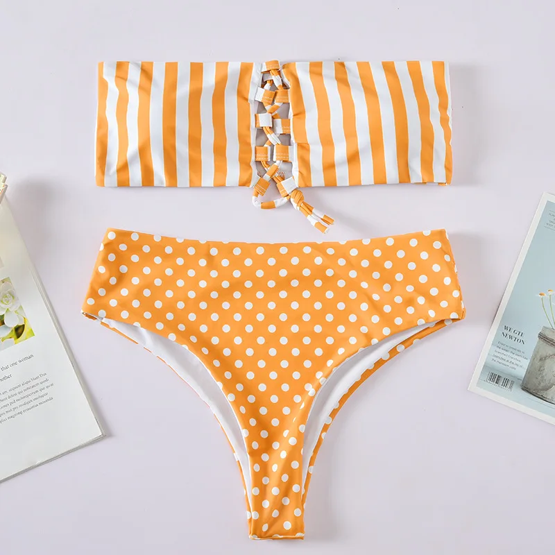 

Wasteheart Summer Yellow Sexy Bikini Sets Women Swimsuit Bikini Strapless Swimwear Low Waist Bathing Suit Female Bow Print