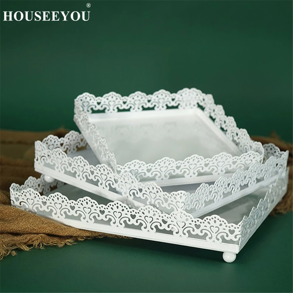 

White Metal Square Pancake Serving Trays for Food Storage Container Organizer Home Decoration Wedding Cake Plate Snack Dish