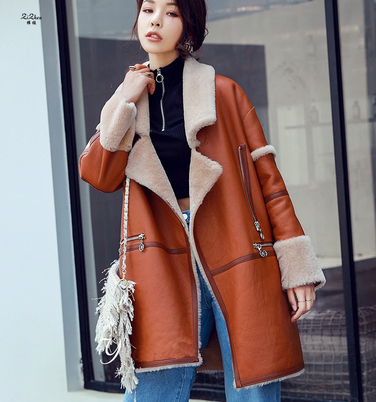 

ZiZhen Winter Women's Patchwork Merino Sheep Fur Full Pelt Long Double-faced Fur OverCoat Turn-down Collar With Pockets 180816-5