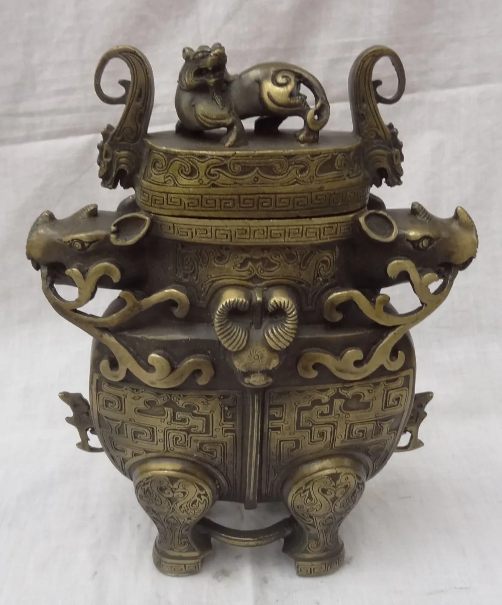 

xd 002041 11" Chinese Bronze Dragon Head Unicorn PiXiu Sheep Bull Ox Zun Statue Tibet Box