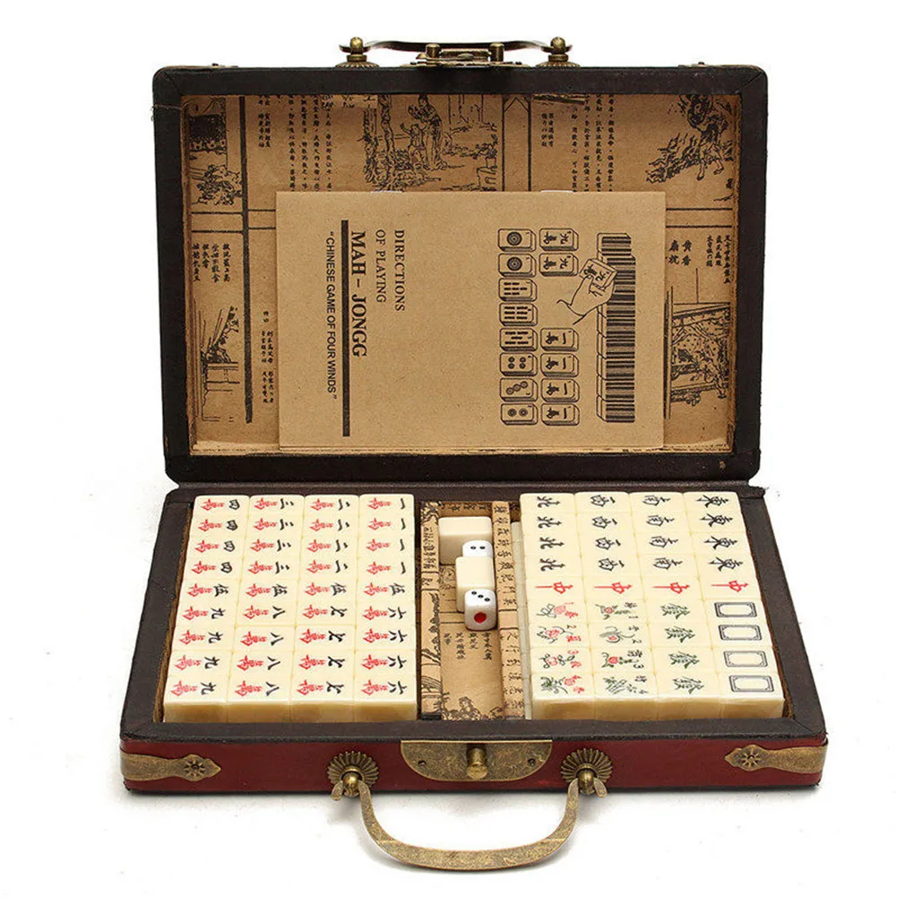 

144 Tiles Mah-Jong Set Portable Multicolor Vintage Mini Mahjong Chinese Toy Board Game with Bamboo Box